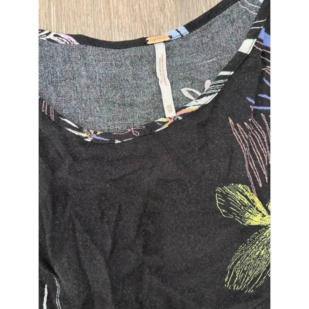 Free People Womens XS Floral Boho Tunic Dress Cold Shoulder Black Flowy Mini